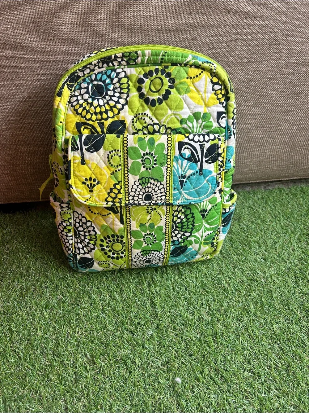 Vera Bradley Quilted Floral Mini Backpack in Green and Yellow
